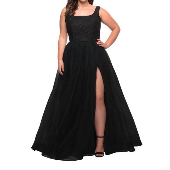 NEW LA FEMME a-line tulle prom dress - plus in black